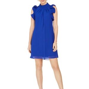 Vince Camuto Royal Blue Ruffle-Shoulder High-Neck Mini Dress